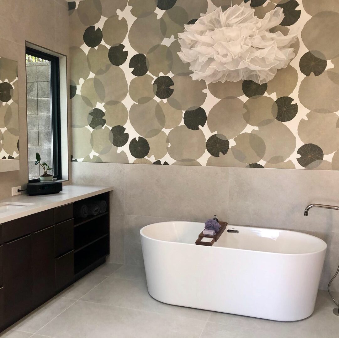 Modern bathroom with freestanding white tub