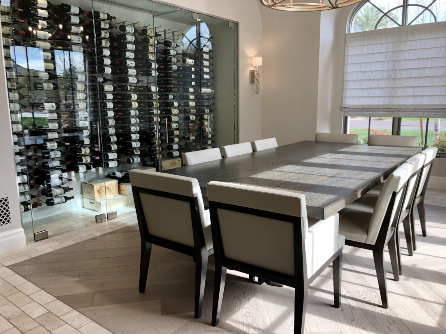 Dining room table next to wine cellar