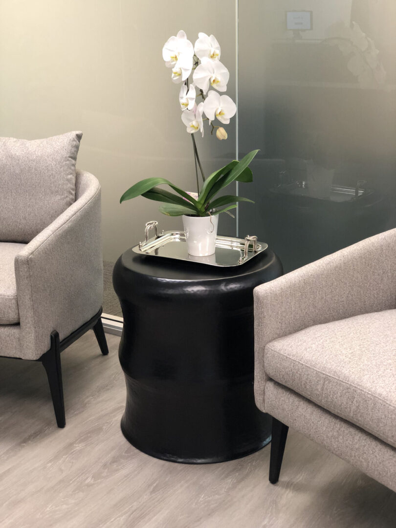 White orchid on black side table between chairs